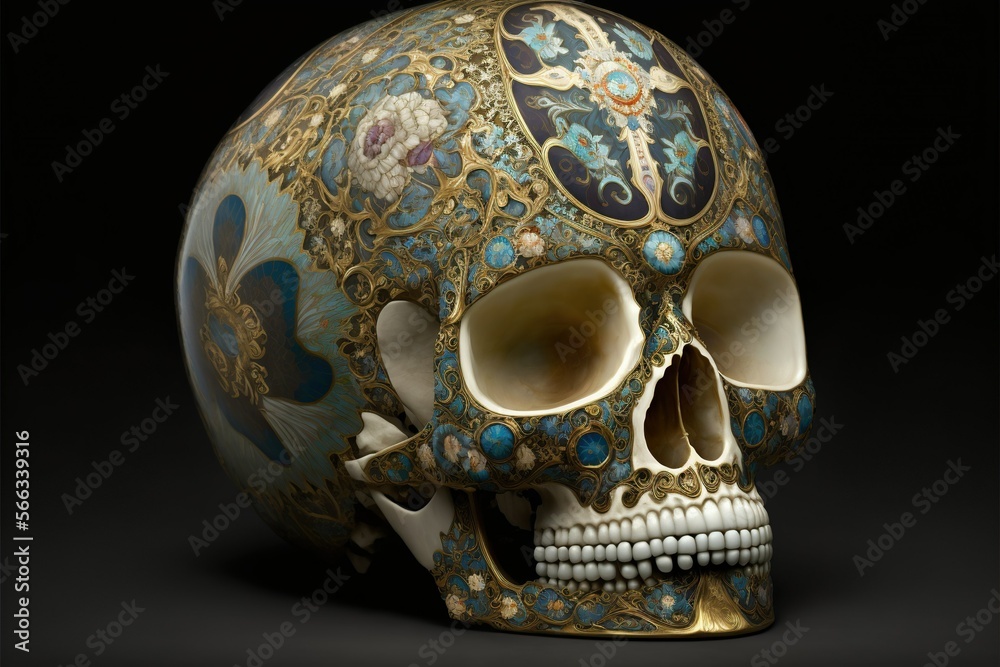 Human skull in faberg style, concept of Art Nouveau and Jewelry Design, created with Generative AI technology Human skull in faberg style, concept of Art Nouveau and Jewelry Design, created with Generative AI technology