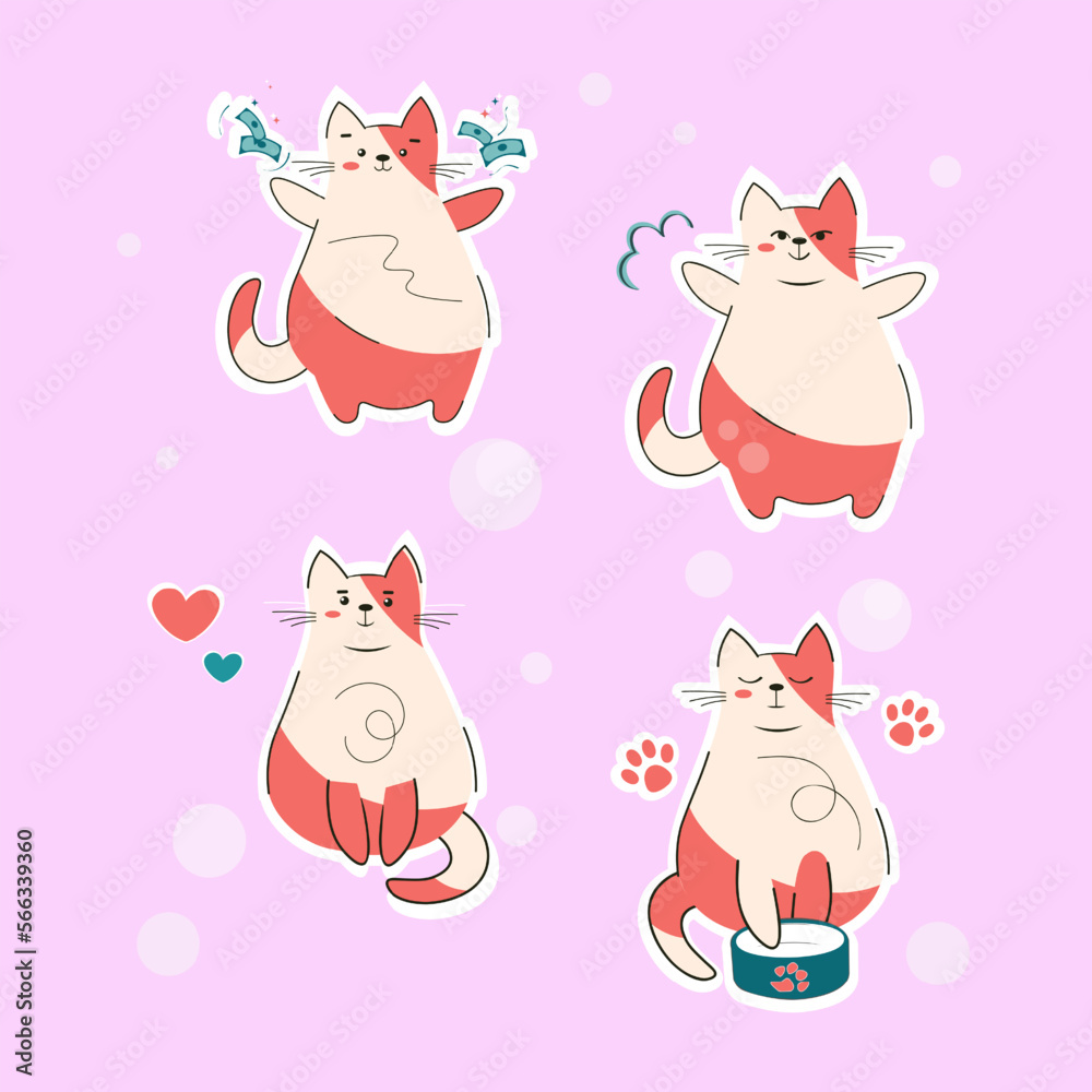 Set of cute cats. Four stickers of ginger cats on pink background vector isolated illustration.