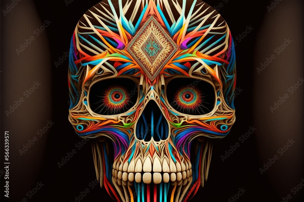 Human skull in ojos de dios style, concept of Mexican Folk Art and Devotional Art, created with Generative AI technology Human skull in ojos de dios style, concept of Mexican Folk Art and Devotional Art, created with Generative AI technology