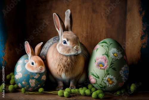 Easter easter eggs with bunnies. selective focus. Generative AI,