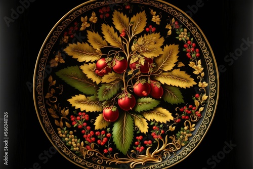 Khokhloma plate, concept of Russian Folk Art and Floral Pattern, created with Generative AI technology
