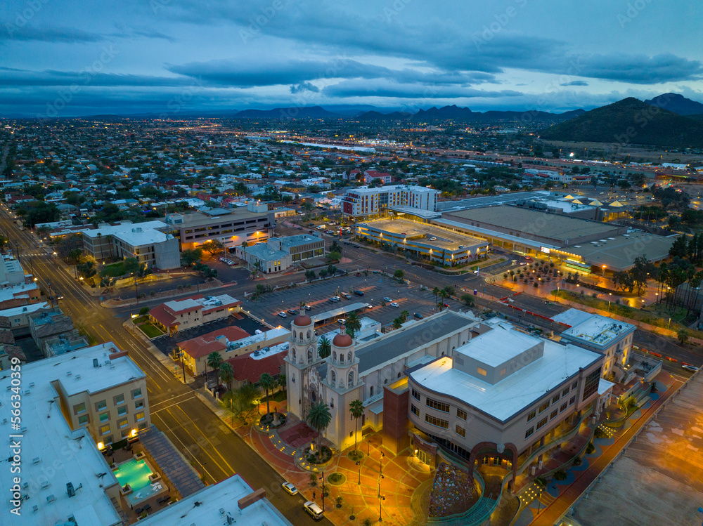 Fototapeta premium St. Augustine Cathedral aerial view at sunset on 192 S Stone Avenue in downtown Tucson, Arizona AZ, USA. 