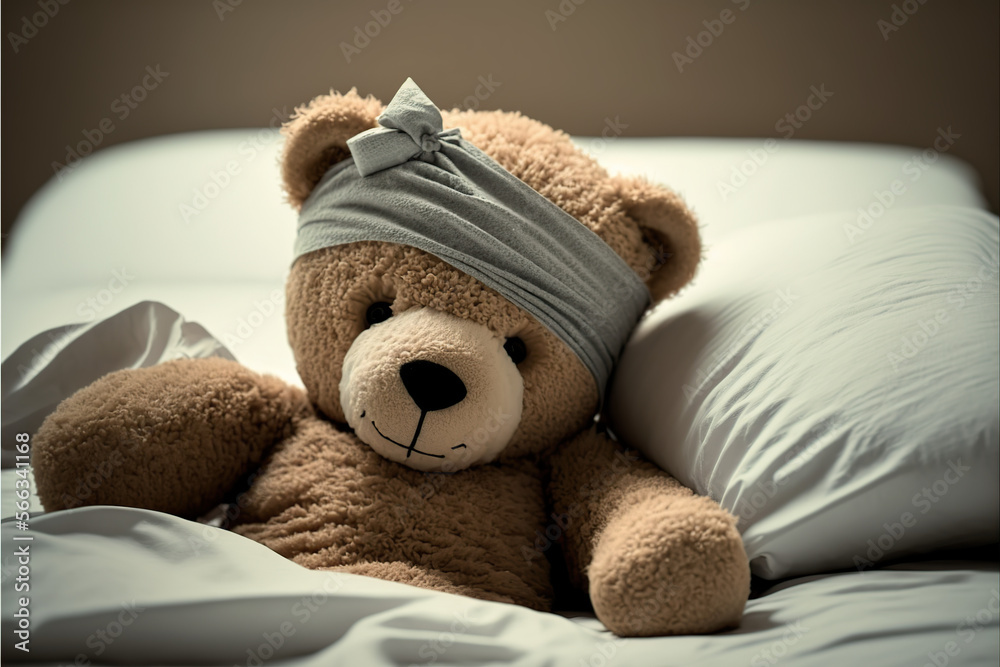 Teddy bear with bandage laying in bed