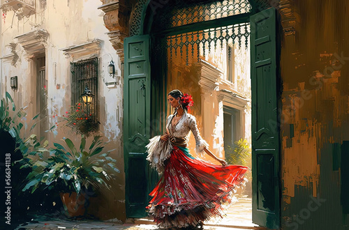 Generative AI illustration of Young woman dancing flamenco photo