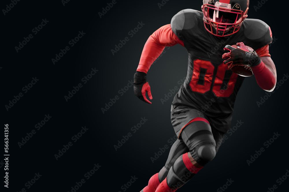 American Football player in red and black uniform in running pose on black background. American Football, advertising poster, template, blank, sports. 3D illustration, 3D rendering.