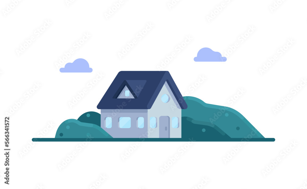 Gray house vector illustration in cartoon style. Flat modern house in nature. Clear colors