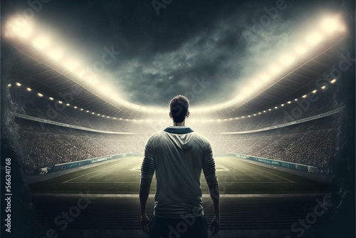 A closeup of a soccer football fan entering the illuminated stadium. Generative ai © David