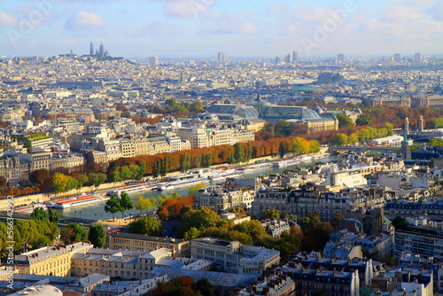 Parisien architecture and french roofs from above Eiffel tower at sunrise, Paris, France