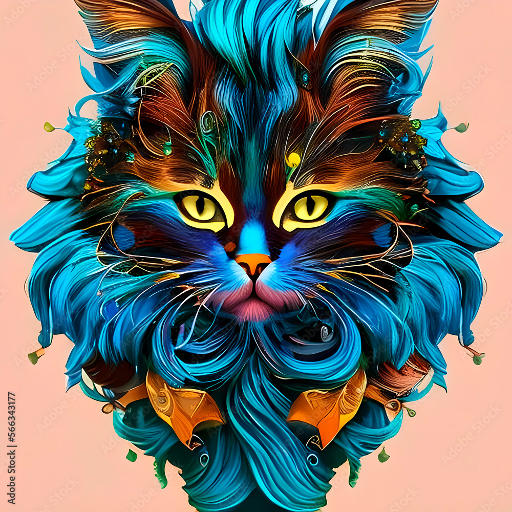Generative AI, a portrait of a fluffy black cat painted in an oil painting style with splashes of colored paint in a beautiful fluffy long coat, detailed eyes of a cat, 3D cinematic studio lighting.