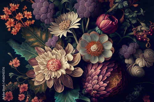 Vintage wallpaper botanical flower bunch, vintage motif for floral print digital background. Generative Ai
