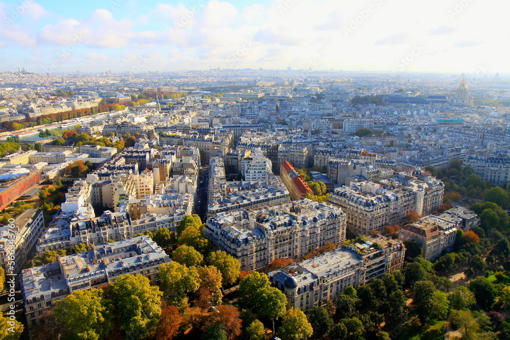 Saint-Germain-des-Pres and french roofs from above at sunrise, Paris, France
