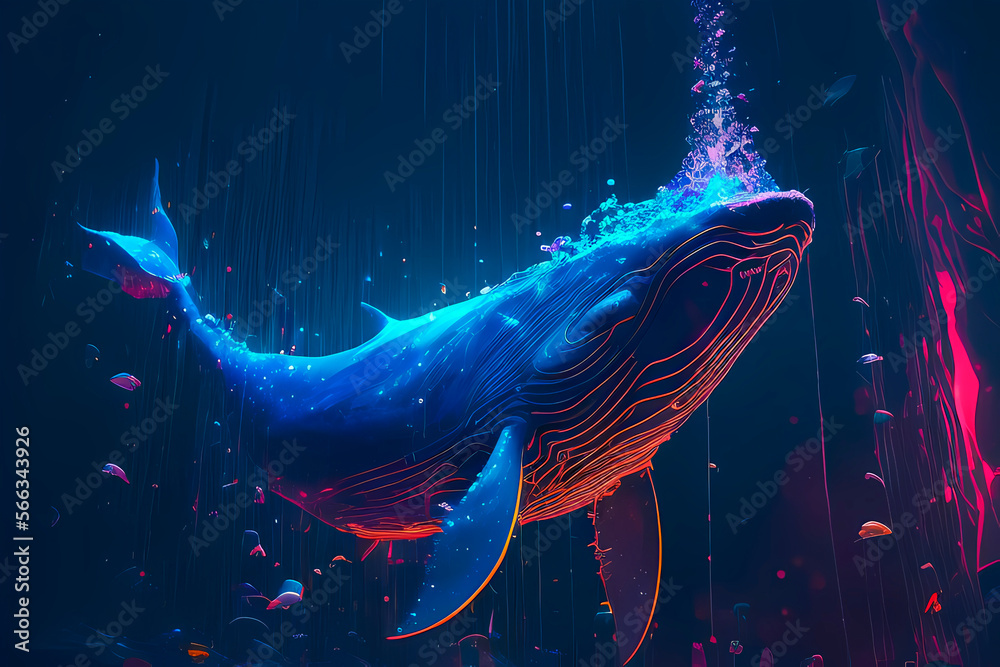 Generative AI, painted blue whale soars in space, watercolor stains of ...