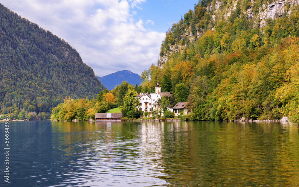 Scenic view of Lake Hallstatt and Castle Grub (Schloss Grub), heritage-protected, in Upper Austria.