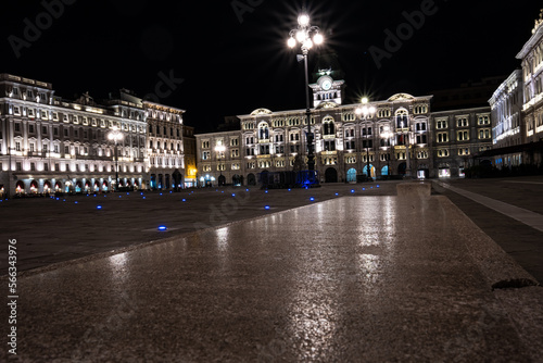 Piazza Unità d'Italia in Trieste, Italy. Perspective at night with lights in long exposure. Soft and architectural.