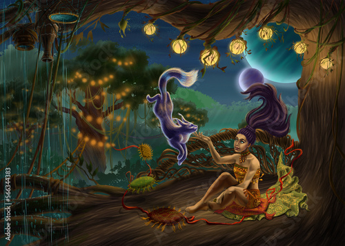 Fantasy landscape illustration with characters.Drawing of a girl and a cat on another planet