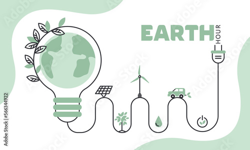 The concept of green energy, environmental management. Earth Hour. Save the planet. Earth, light bulb with plug, alternative energy use. Vector flat line illustration