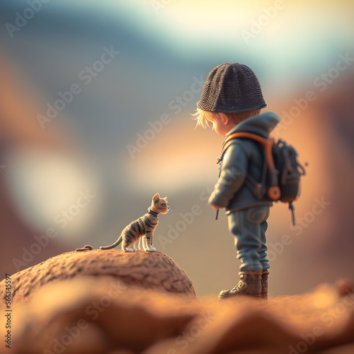 Little boy and his tiny cat exploring the world