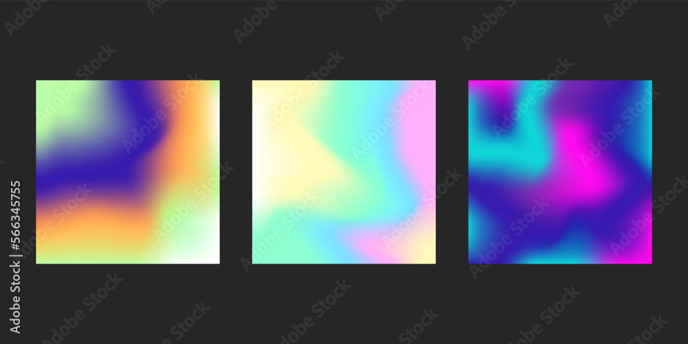 Set of 3 holographic gradient backgrounds. Neon concept background. Neon gradient background.