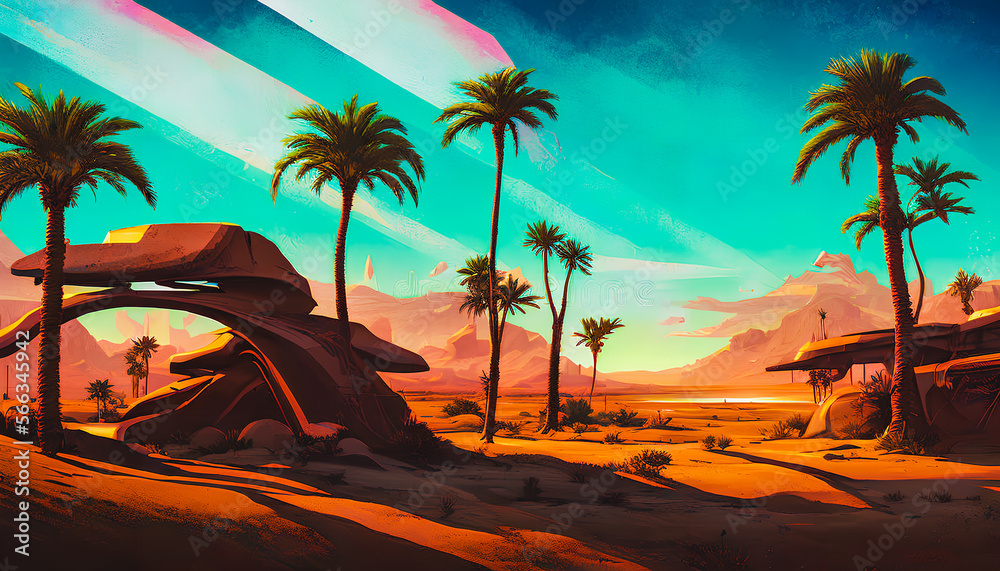 A picturesque and tranquil landscape featuring palm trees silhouetted against a warm and golden retro sunset. The serene and scenic scene is reminiscent of a tropical paradise. Generative AI