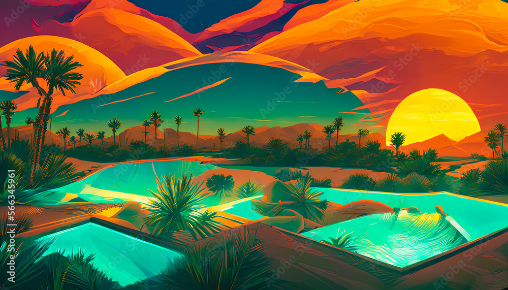 A picturesque and tranquil landscape featuring palm trees silhouetted against a warm and golden retro sunset. The serene and scenic scene is reminiscent of a tropical paradise. Generative AI