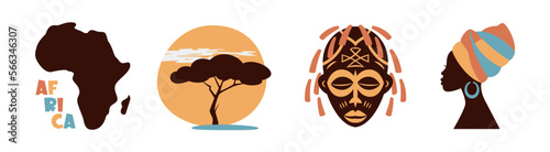 Africa and Safari elements and icons. Logo Design Vector Template. Africa map, African tribal mask, landscape and woman silhouette in traditional multicoloured  turban. Travel, Safari Paints