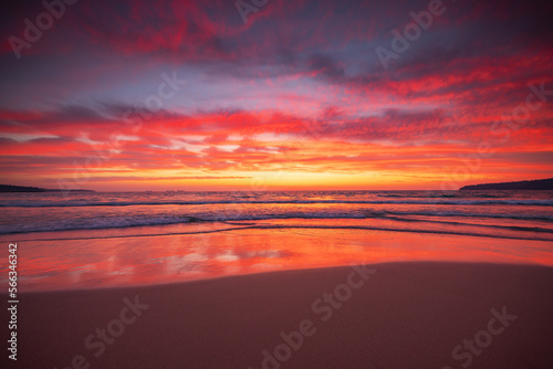 Beautiful sunrise over the sea shore beach and waves. Bulgaria