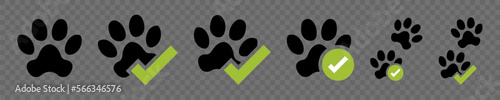 Paw print with green check mark. Vector icon illustration