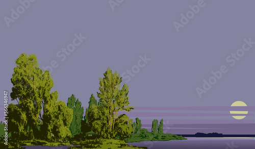 evening landscape: a wide lake or river, tall trees and barely noticeable cottages under them