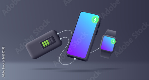smart watch and mobile phone with charging with cabel from a power bank with battery indicator, render black 3d graphic