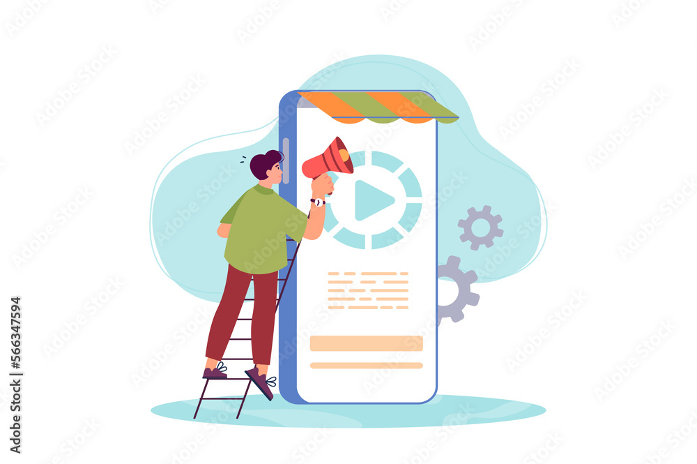 Digital marketing concept with people scene in the flat cartoon style. Marketer promotes and popularizes goods and services using the phone and social networks.