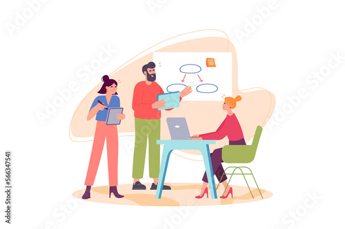 Business people concept with people scene in the flat cartoon design. Businesswoman gives business advice to two young workers.