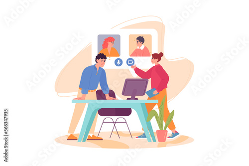 Business meeting concept with people scene in the flat cartoon design. Businessman and businesswoman met to discuss their employees. © Andrey