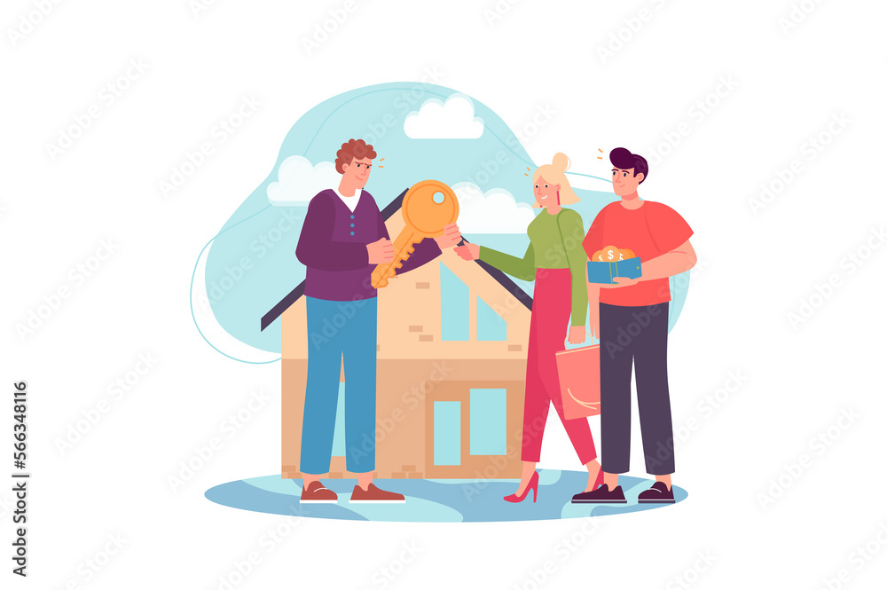 Real estate concept with people scene in the flat cartoon design. Employee of a real estate firm gives a young couple the key to their new home. Real estate concept with people scene in the flat cartoon design. Employee of a real estate firm gives a young couple the key to their new home.