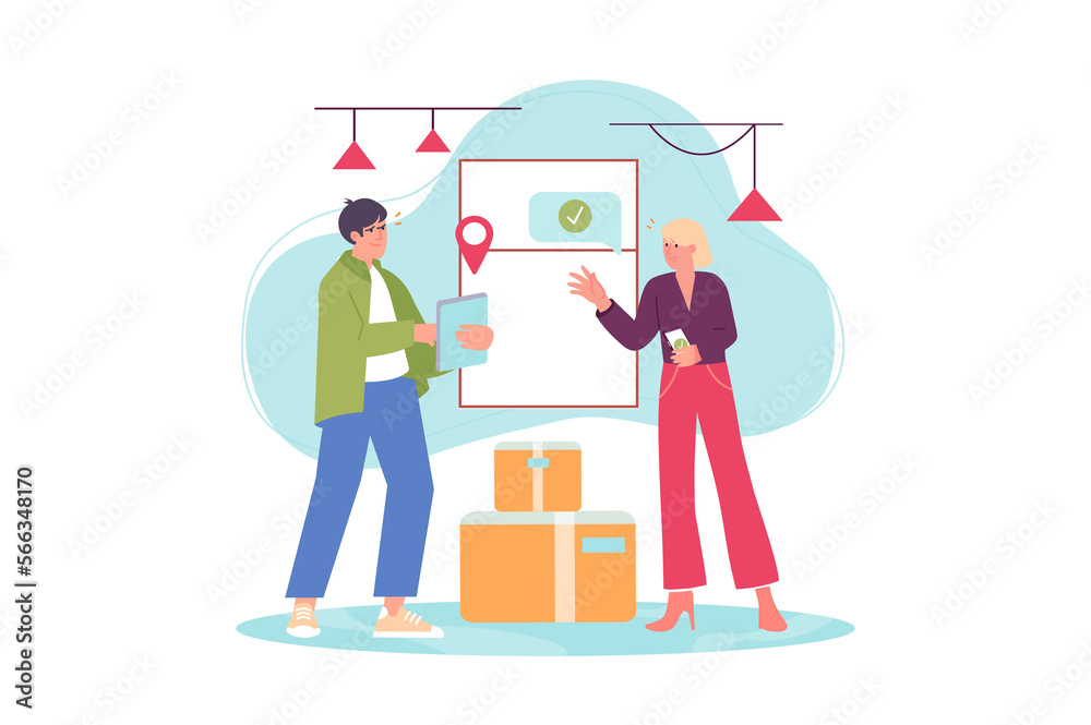 Shipping concept with people scene in the flat cartoon style. Logistician explains the new scheme of goods delivery to the employee.