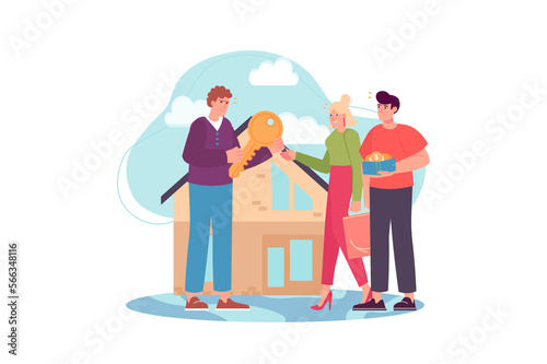 Real estate concept with people scene in the flat cartoon design. Employee of a real estate firm gives a young couple the key to their new home.