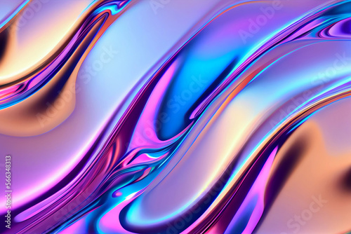 Iridescent liquid metal surface with ripples. 3d illustration. Abstract fluorescent background. Fluid neon leak backdrop. Ultraviolet viscous substance. Generative Ai.