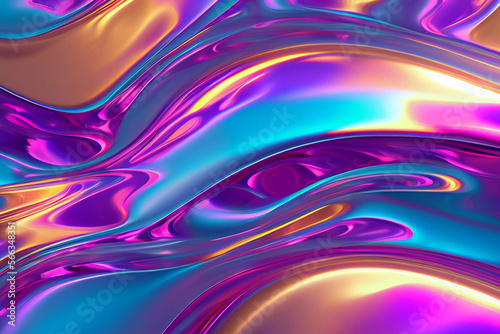 Iridescent liquid metal surface with ripples. 3d illustration. Abstract fluorescent background. Fluid neon leak backdrop. Ultraviolet viscous substance. Generative Ai.