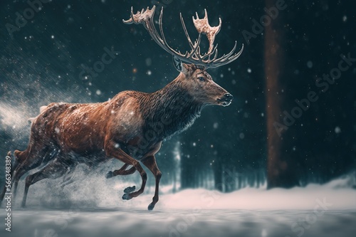 Deer running in a snowy forest. Generative AI.