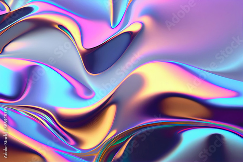 Iridescent liquid metal surface with ripples. 3d illustration. Abstract fluorescent background. Fluid neon leak backdrop. Ultraviolet viscous substance. Generative Ai.