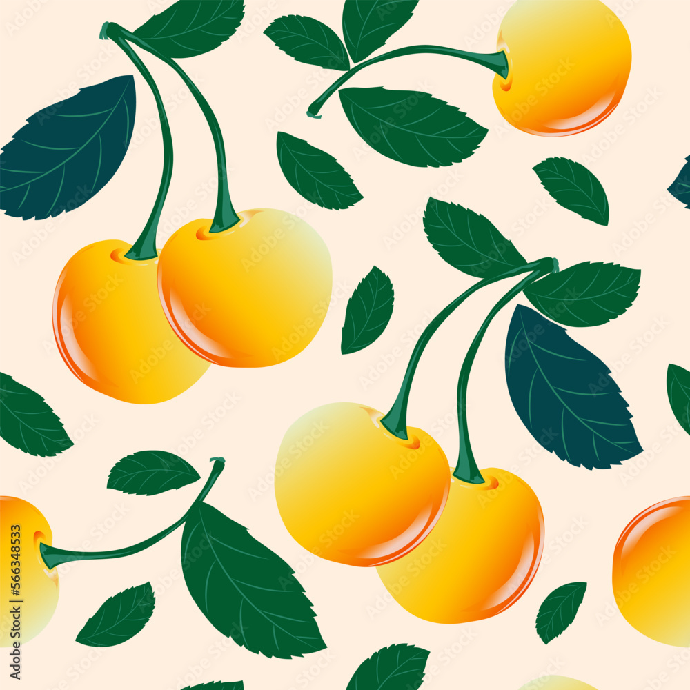 Yellow cherries with green leaves on a light pink background. Berry background. Seamless cute pattern with sweet cherry. Vector. Yellow cherries with green leaves on a light pink background. Berry background. Seamless cute pattern with sweet cherry. Vector.