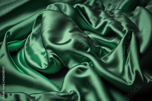 Green smooth wrinkled silk. Generative AI.