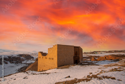 Abandoned Armenian church and a mosque in the ruins of the ancient capital of Bagradit Armenian Kingdom, Ani, in Kars, Turkey. photo