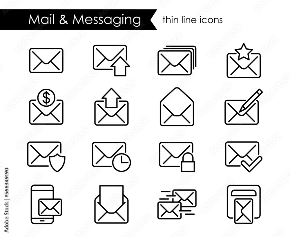 Mail thin line icons, messaging and newsletter black outline symbols for desktop and mobile interface Mail thin line icons, messaging and newsletter black outline symbols for desktop and mobile interface