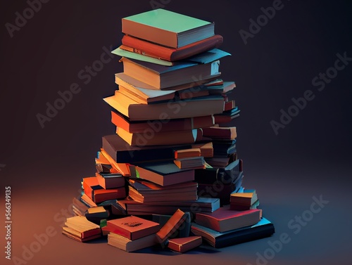 Books pile, heap, large quantity. Knowledge, wisdom concept. Literature tower. Generative AI