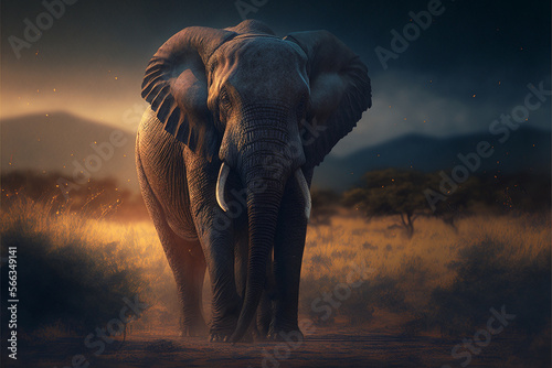 Majestic elephant in the savannah during sunset. Atmospheric wallpaper poster for home and office. Created with generative AI.