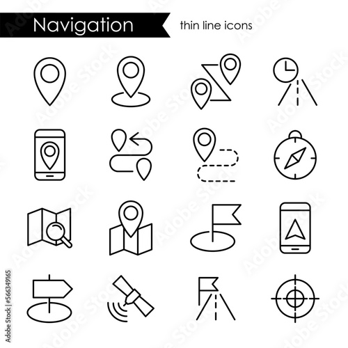 Navigation icon set, thin line stroke, route map and transportation