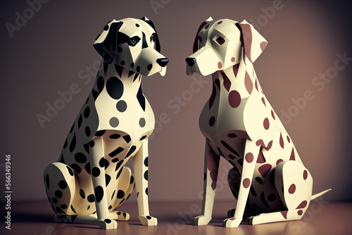  a couple of dalmatian dogs sitting next to each other on top of a table next to each other on top of a table.  generative ai