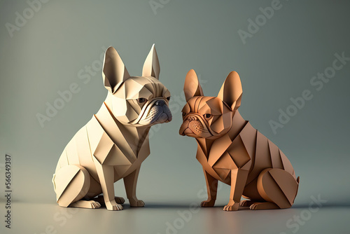  a couple of dogs sitting next to each other on top of a table next to each other on a gray surface with a light blue background.  generative ai photo