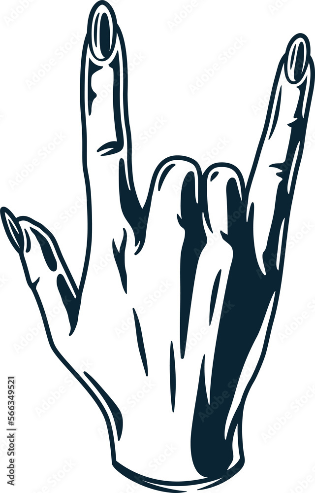 Fototapeta premium Woman wrist rock sign. Female hand with fingers for nail bar and beauty studio. Fashion, trendy style of fingernails