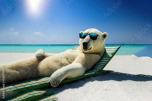  a polar bear wearing sunglasses laying on a green lounge chair on a beach with the ocean in the background and a bright blue sky above.  generative ai